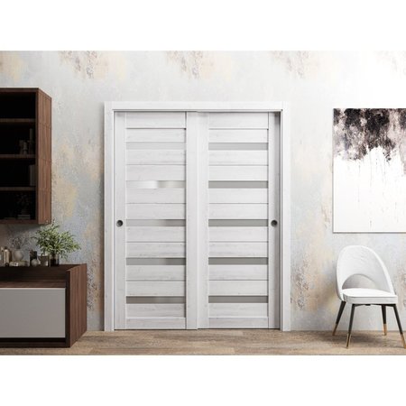 Sartodoors Sliding Closet Bypass Doors 56 x 96in, Quadro 4445 Nordic White W/ Frosted Glass, Sturdy Rails QUADRO4445DBD-NOR-5696